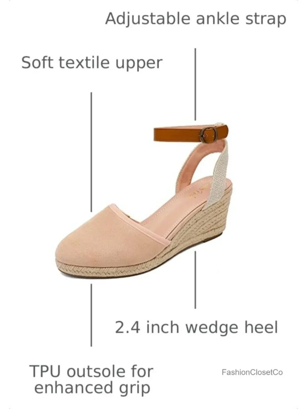 Closed Toe Adjustable Ankle Strap Espadrille Wedge Sandals